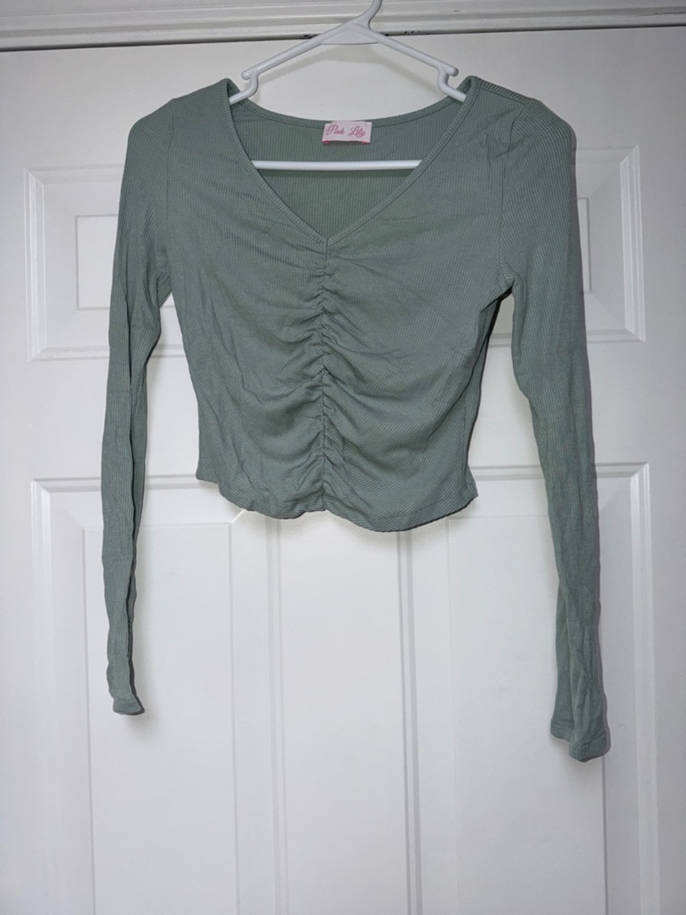 Pink Lily Sage Green Ruched V-Neck Long Sleeve Crop Top